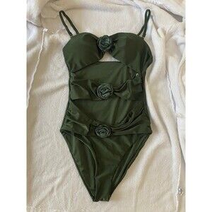 Elegant Olive Green 3D Rose One-Piece Swimsuit – Chic Floral Detail, Adjustable